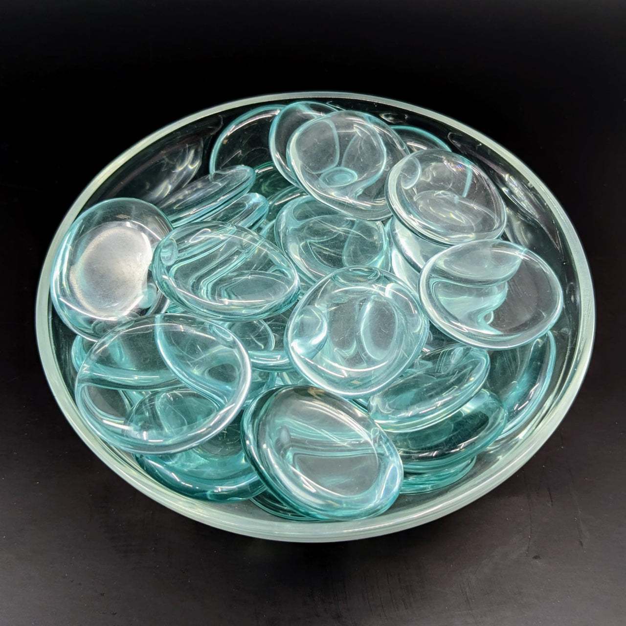 Bowl of Aqua Obsidian glass pebbles, perfect Palm Stones for healing and decor #LV2717