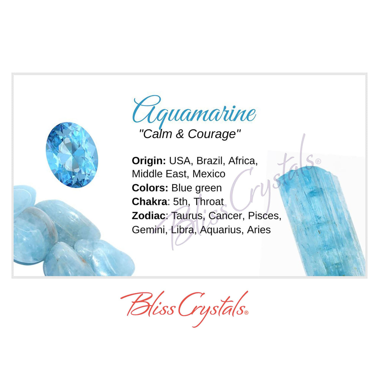 AQUAMARINE crystal information card displaying vibrant aquamarine gems #HC12