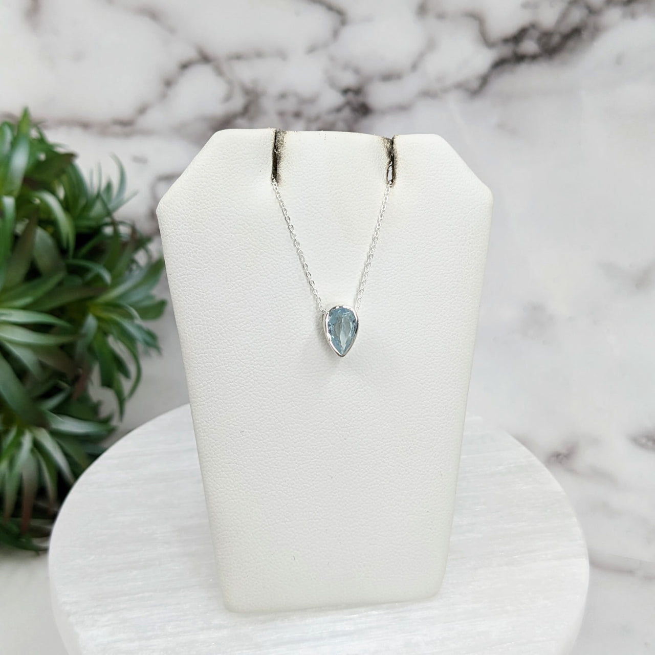 Aqua Quartz Necklace: Aquamarine Faceted Sterling Silver Slider Pendant on 18’ Chain #LV3253