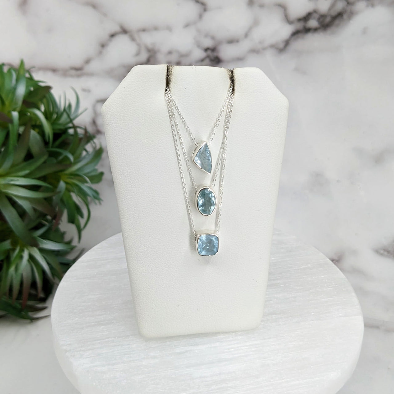 Aqua Quartz Necklace - Aquamarine Faceted Sterling Silver Pendant on 18’ Chain (#LV3253)