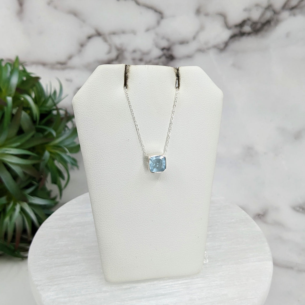 Aqua quartz necklace in sterling silver slider pendant on 18’ chain, Aquamarine #LV3253