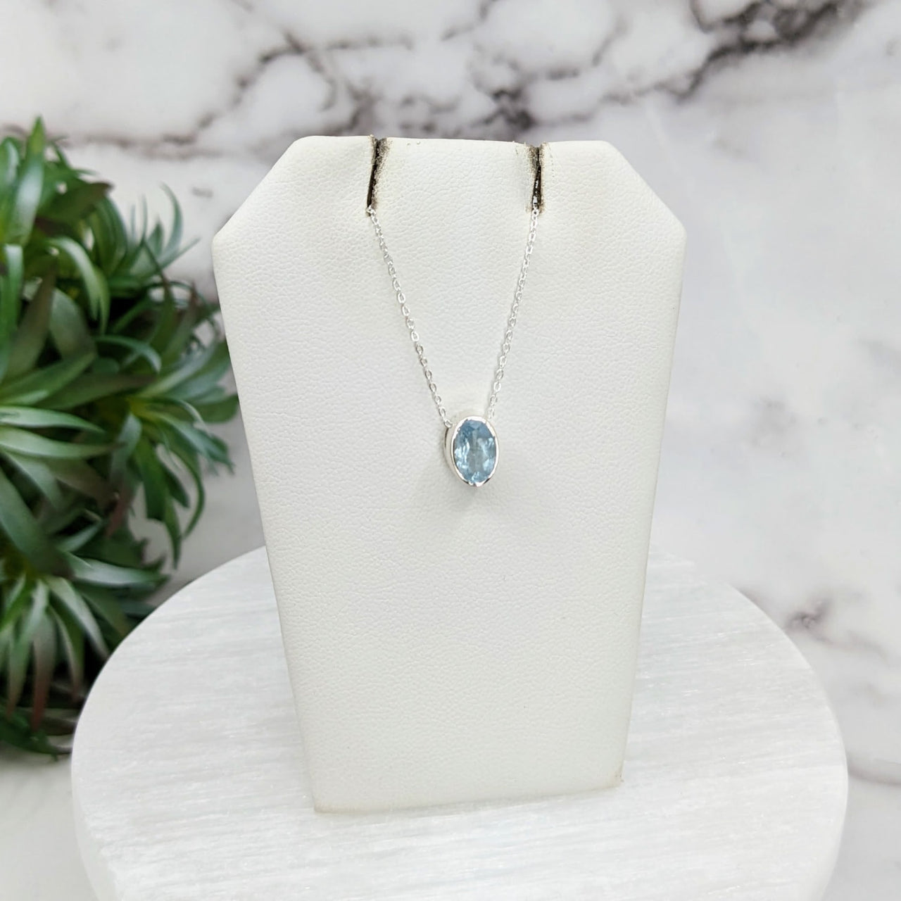 Aquamarine Faceted Necklace Sterling Silver Slider with Blue Topaz Stone on 18’ Chain