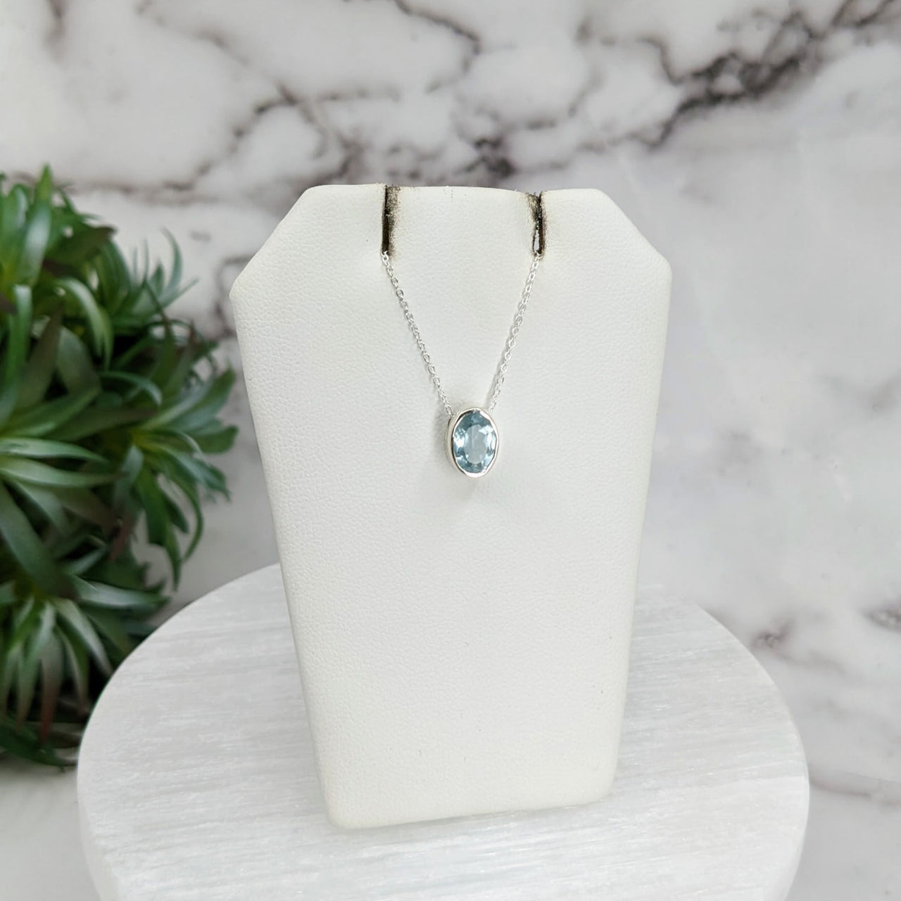 Aquamarine Faceted Necklace Sterling Silver Slider Pendant with Blue Topazte Stone