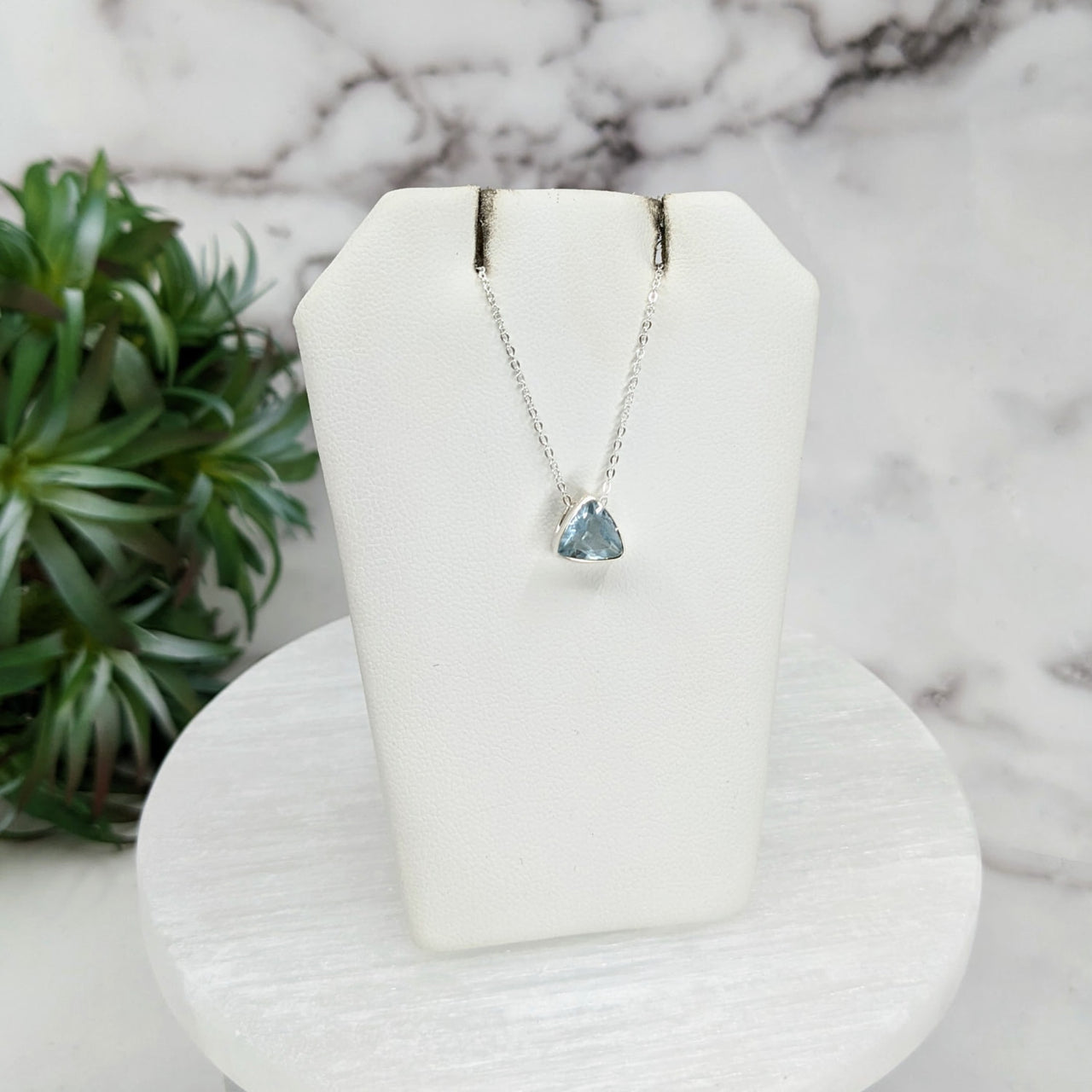 Aquamarine Faceted Blue Topazte Necklace on White Stand, Sterling Silver Slider, 18’ Chain