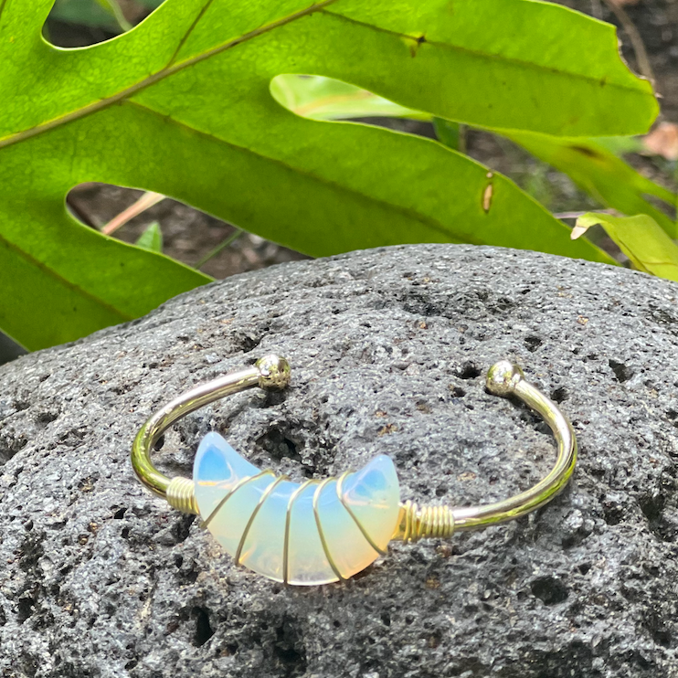 Opalite Moon Gemstone Gold Bangle Cuff Bracelet #LV6189