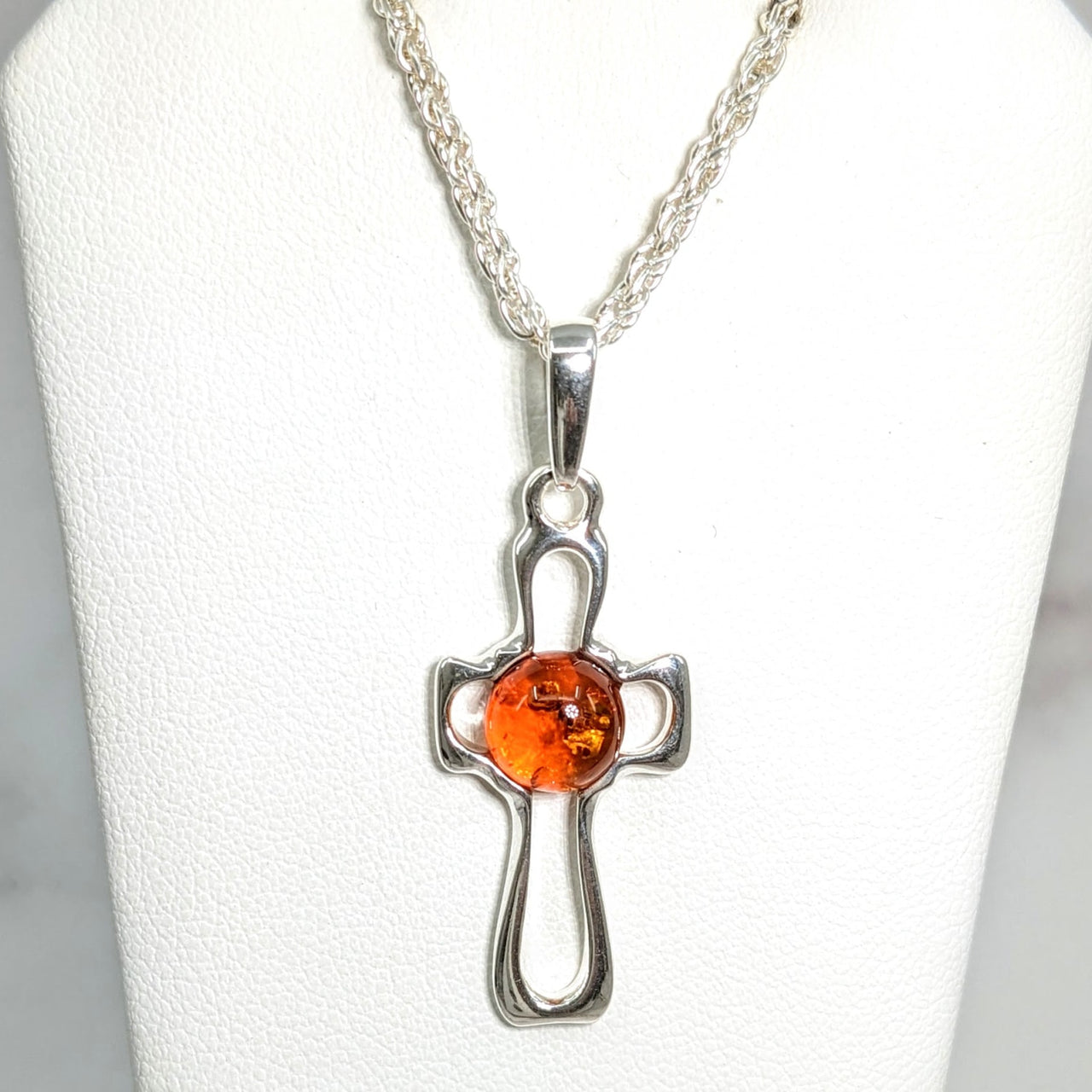 Baltic Amber 1.29’ Silver Cross Pendant with Orange Stone - #LV1706