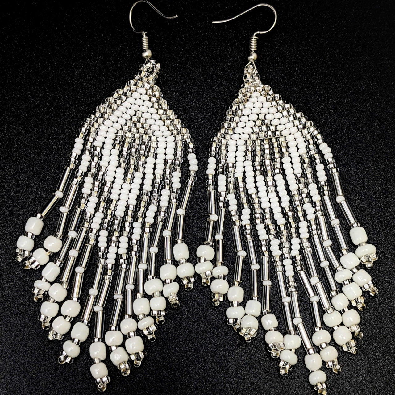 White beaded earrings in ’Beaded Triangle 3.5’ Chandelier Earrings #LV2653’ collection