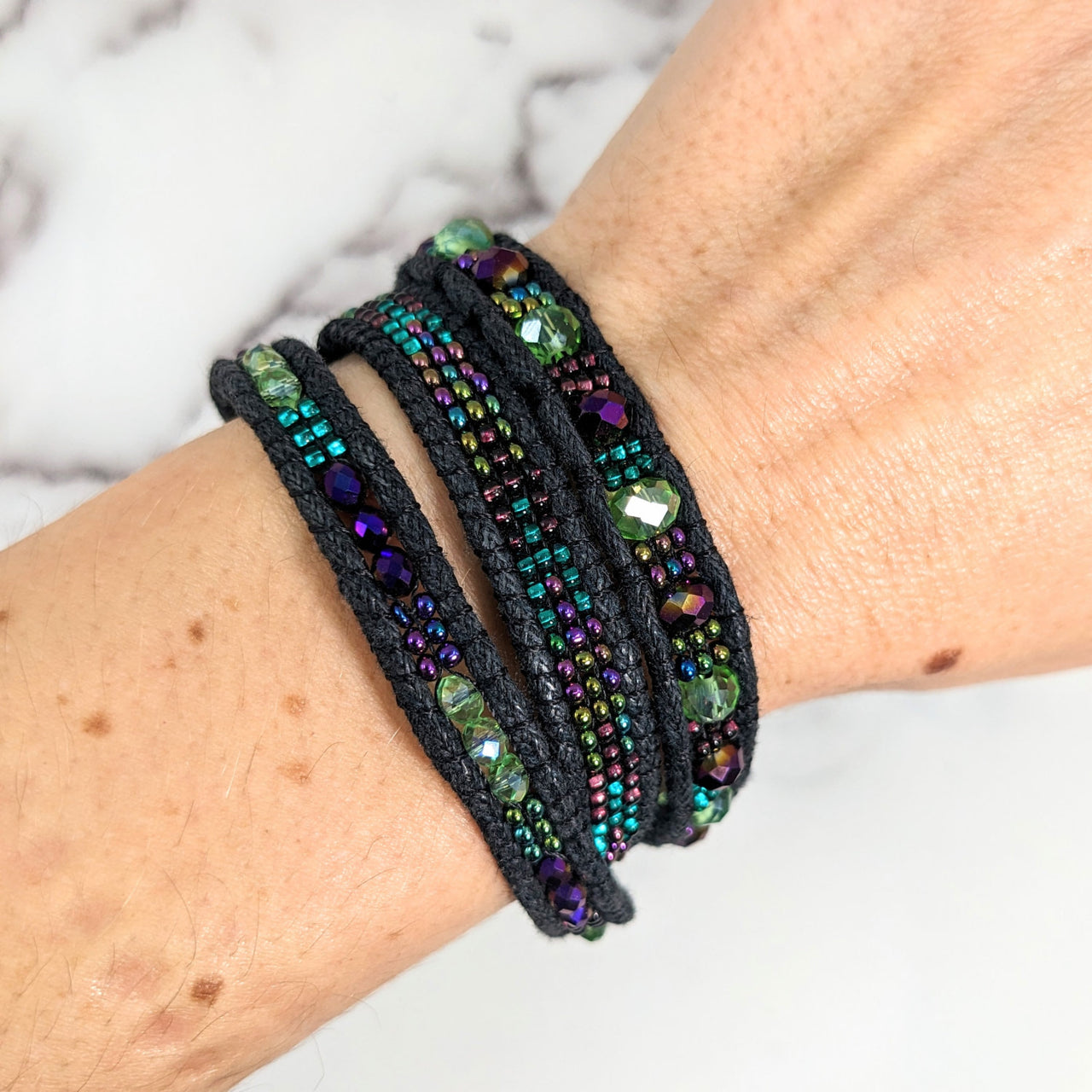 Black wrap bracelet with multi-colored beads, 7’ woven design, Beaded Triple Wrap #LV2656