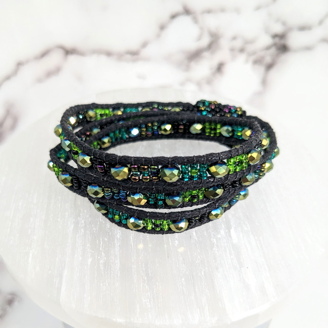 Elegant black and green beaded bracelet - Beaded Triple Wrap, Woven 7’ Bracelet #LV2656