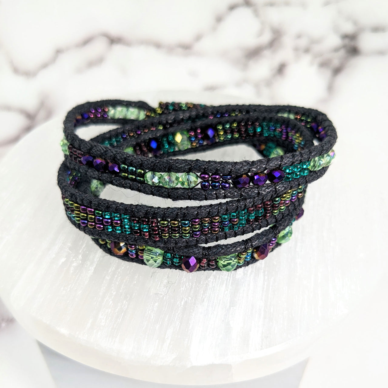 Beaded Triple Wrap Bracelet with Multi-Colored Beads - 7’ Black Woven Bracelet #LV2656