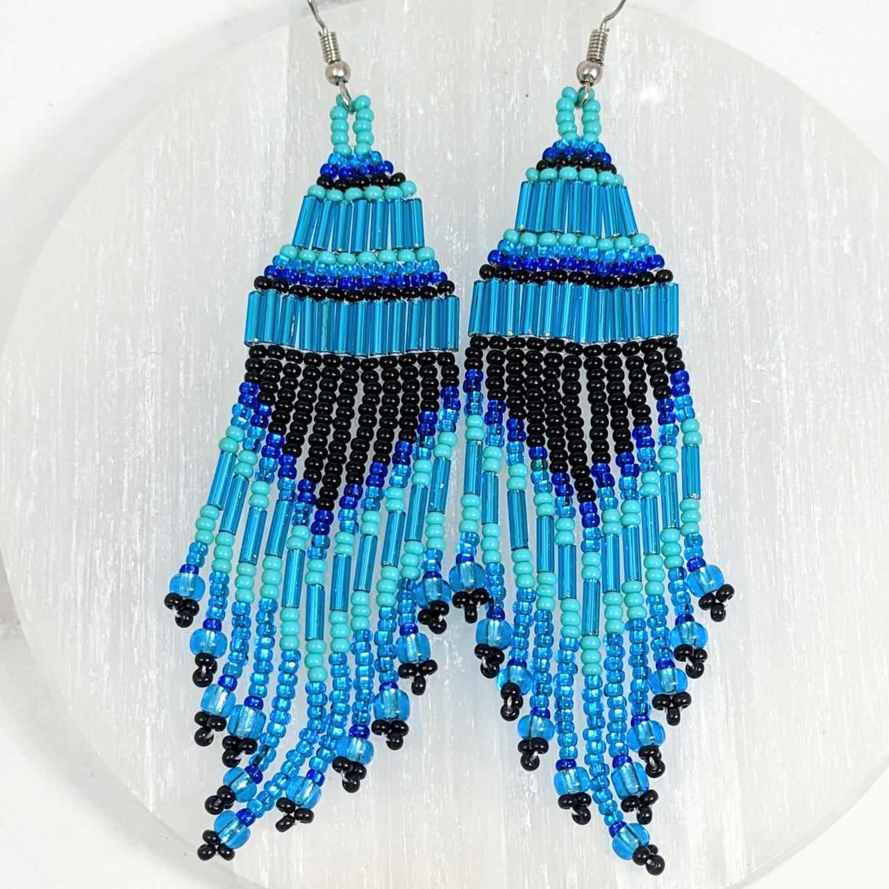 Blue and black beaded chandelier earrings, Beaded Waterfall 4’ #LV2654