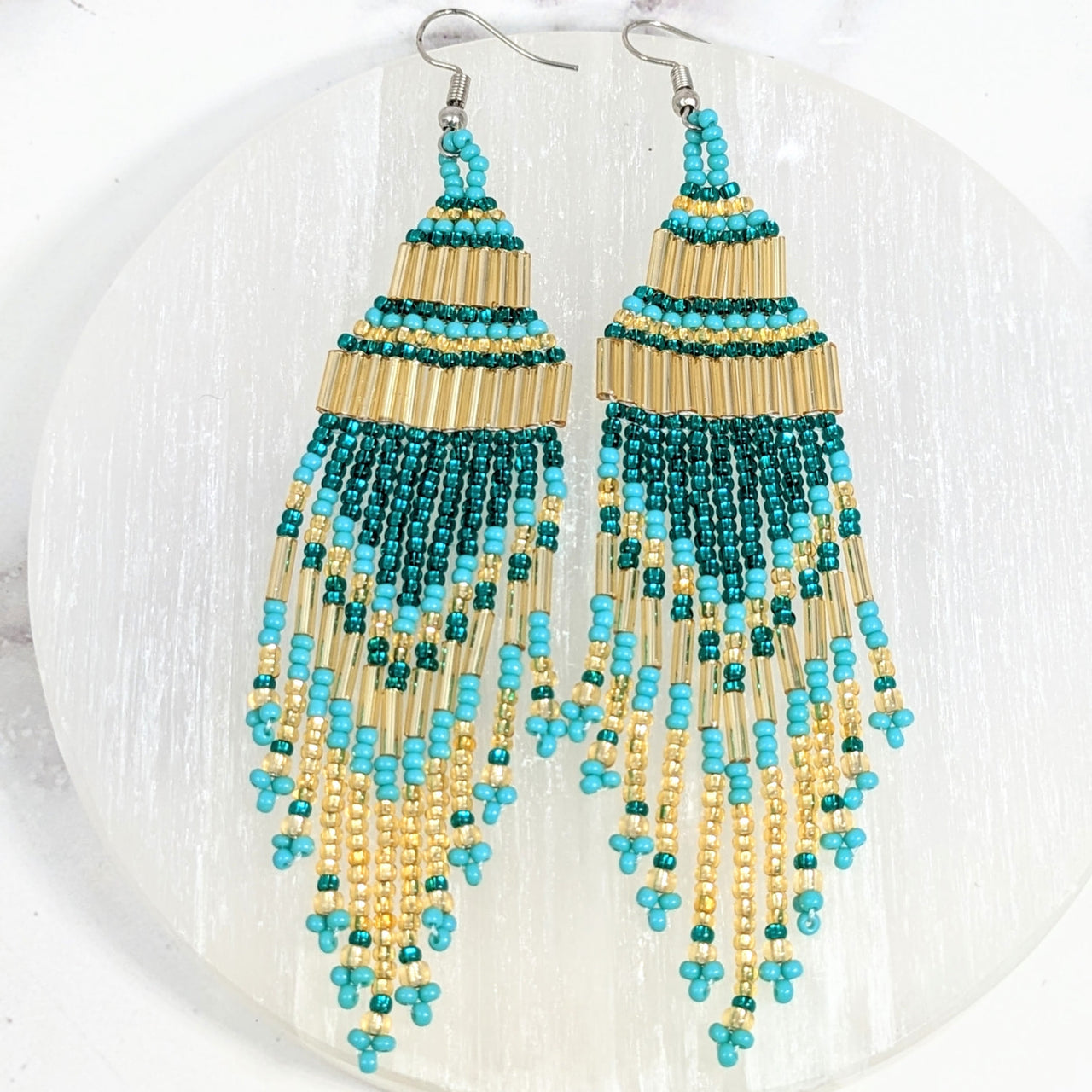 Beaded Waterfall 4’ Chandelier Earrings #LV2654 with turquoise and gold beads