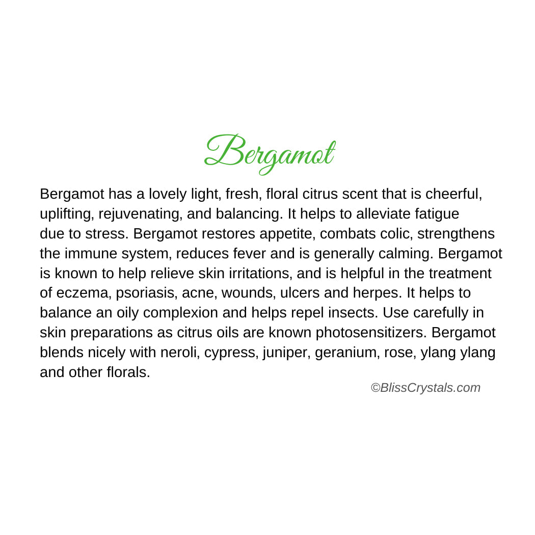 Bergamot essential oil bottle with bergia leaves and lime on Bergamot Essential Oil Info Card