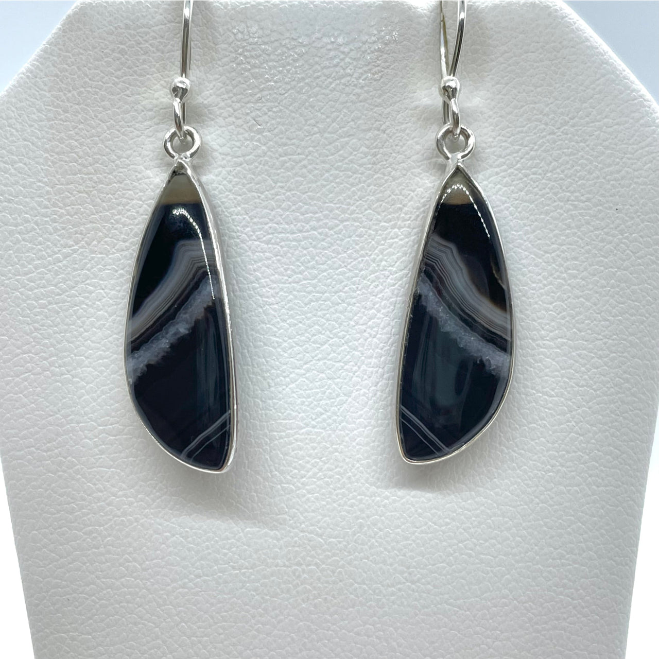 Black Banded Agate Sterling Silver Earrings #J730 with elegant black stone centerpiece