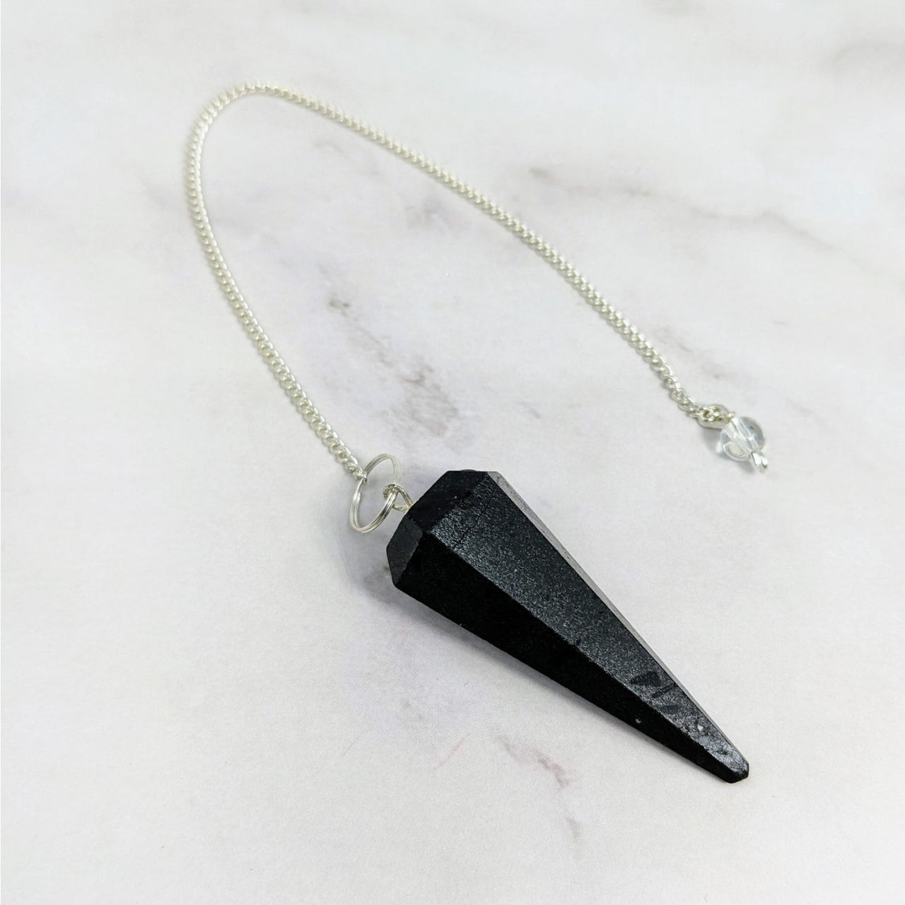 Black Tourmaline Pendulum Necklace with Silver Chain and Quartz Bead #LV5589