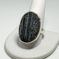 Thumbnail for Black Tourmaline Drusite Stone Ring on White Stand - Oval SS Adjustable Size 10 #VT007