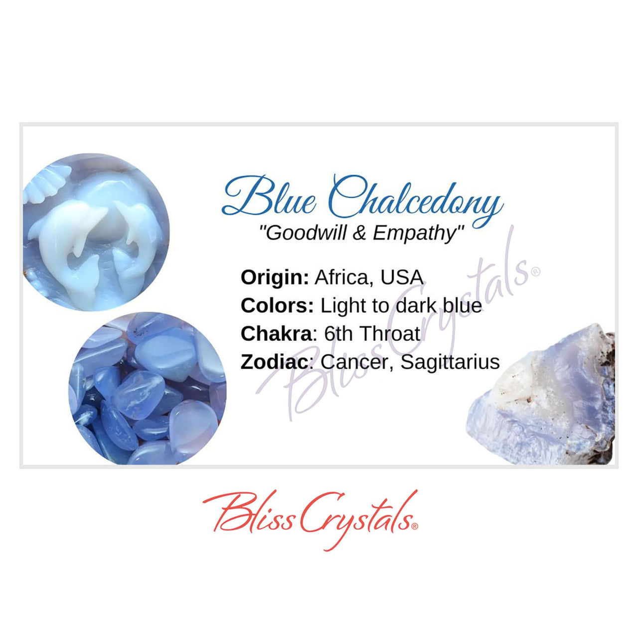 Blue Chalcedony crystal on a BLUE CHALCEDONY Crystal Information Card #HC15, double-sided