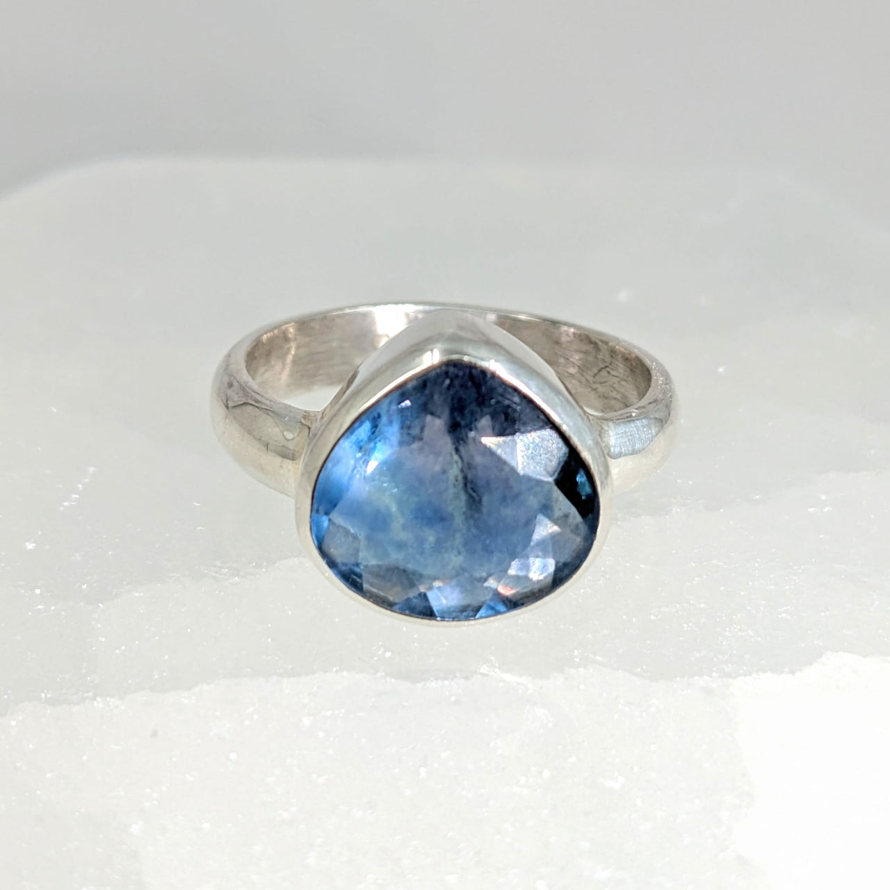 Blue Fluorite Faceted Size 6 Teardrop Ring #LV1563 with a blue sapphire set in silver