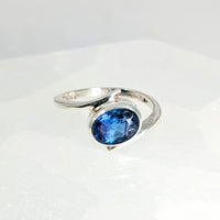 Thumbnail for Blue Fluorite Faceted Sz 6.5 Oval Swoop Ring #LV1562 featuring a blue sapphire stone in silver