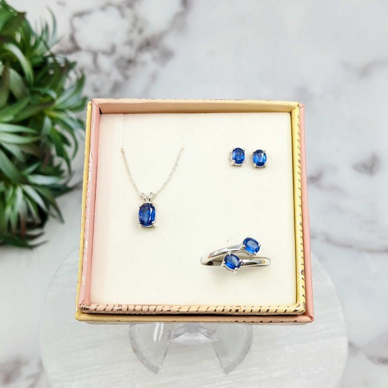 Blue Kyanite Sapphire Diamond Necklace Earrings 3 pc Box Set Sterling Silver #LV3232