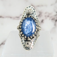 Thumbnail for Blue Kyanite Sz 10.25 Geometric Shield Ring #LV2619 with blue stone and silver band