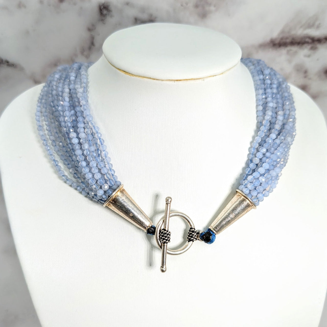 Blue Lace Agate multi-strand necklace with blue bead and silver clasp #LV1712