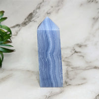 Thumbnail for Close-up of Blue Lace Agate 3.1’ Tower on a marble table (#LV5217)