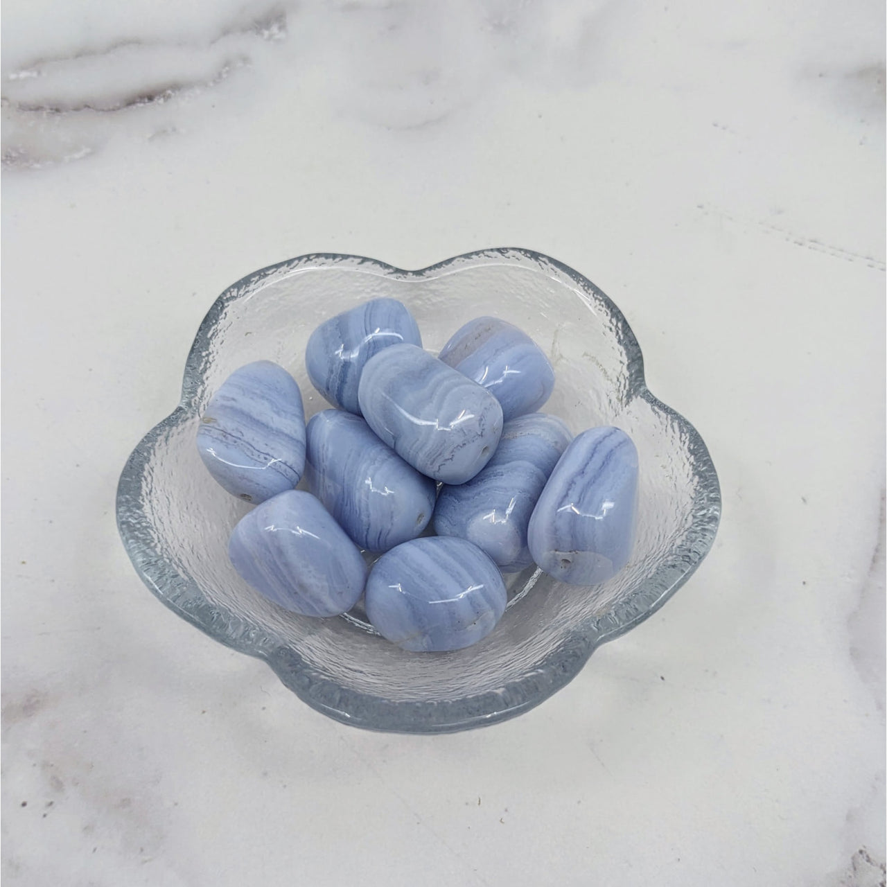 Blue Lace Agate Bead Organic Shape 6 Pack LV3655 - Bowl of Blue Glass Hearts on Marble Counter