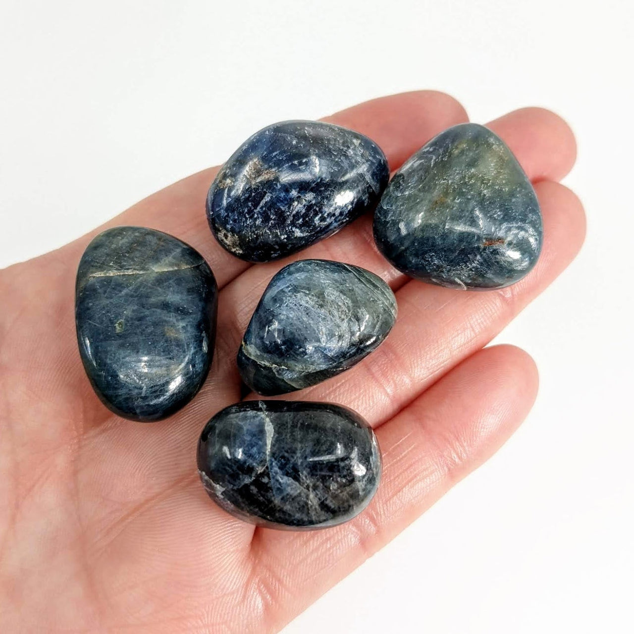 A hand holding blue sapphire tumbled stones from product Blue Sapphire Tumbled Stone #LV3899