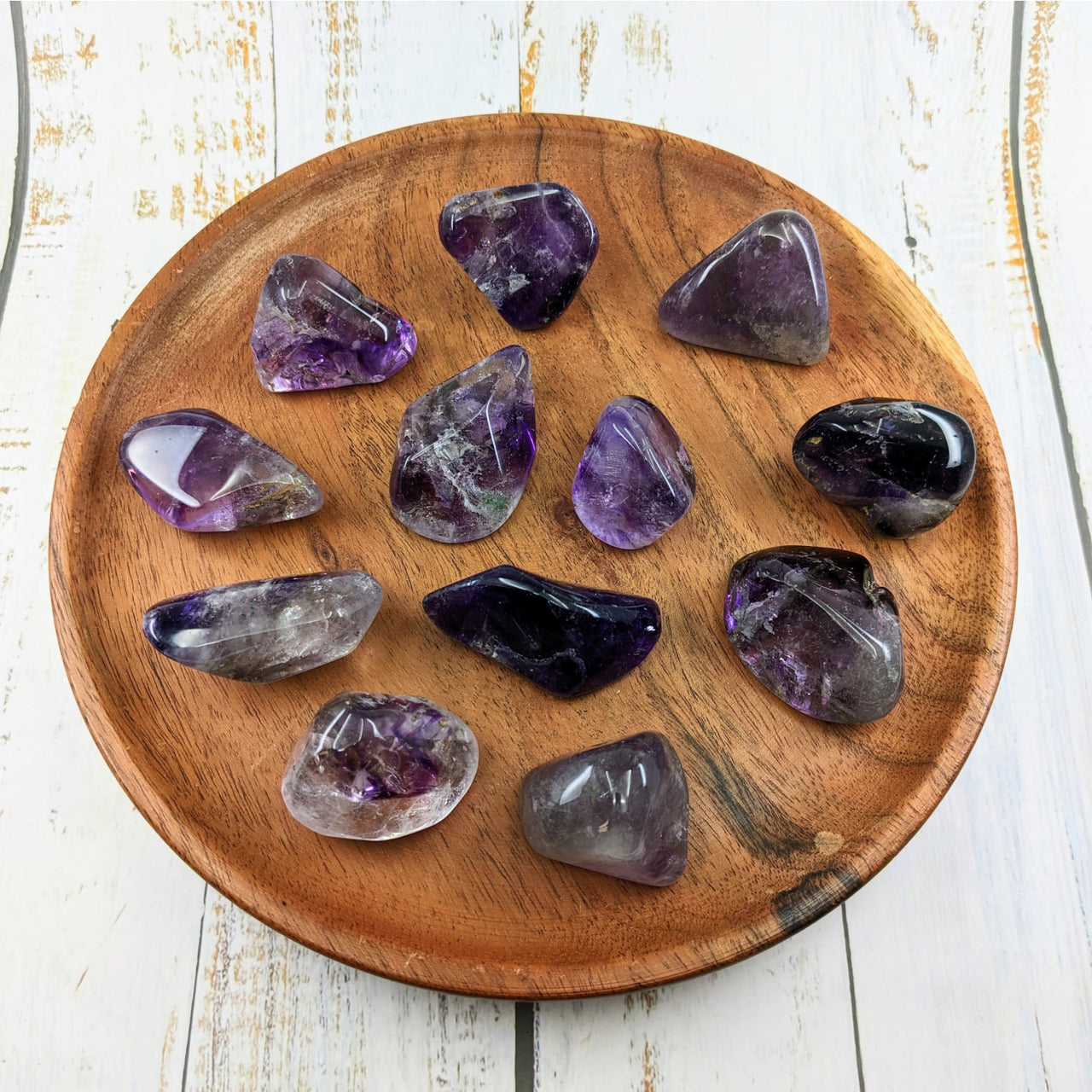 Brandberg Amethyst Tumble Stone XL #LV2372 - Amethite Crystal Points on Wooden Plate