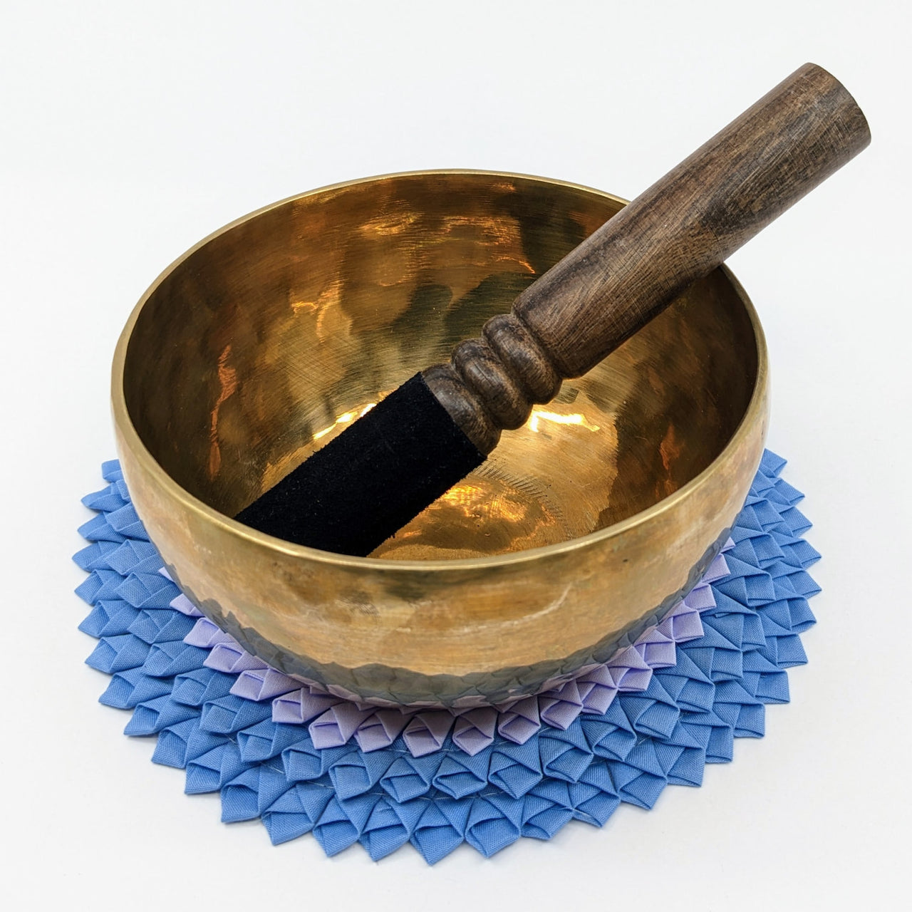 Brass Singing Bowl ’E’ 5.7’ with Striker, Flat Cushion, and Blue Flower on Wooden Handle