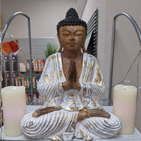 Thumbnail for Hand painted Buddha statue on table, Buddha Carving Gold & White 15’ #C133