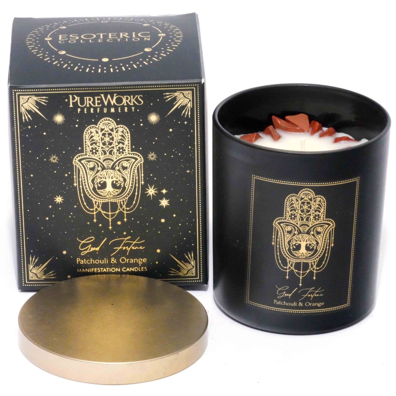 Esoteric Gem Candle - Good Fortune, Patchouli & Orange, Gemstone: Red Jasper #ESCAGGF