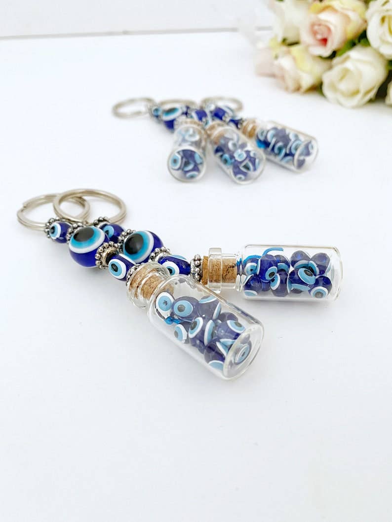 Glass Evil Eye Bottle Keychain, Blue Glass Evil Eye #Q384