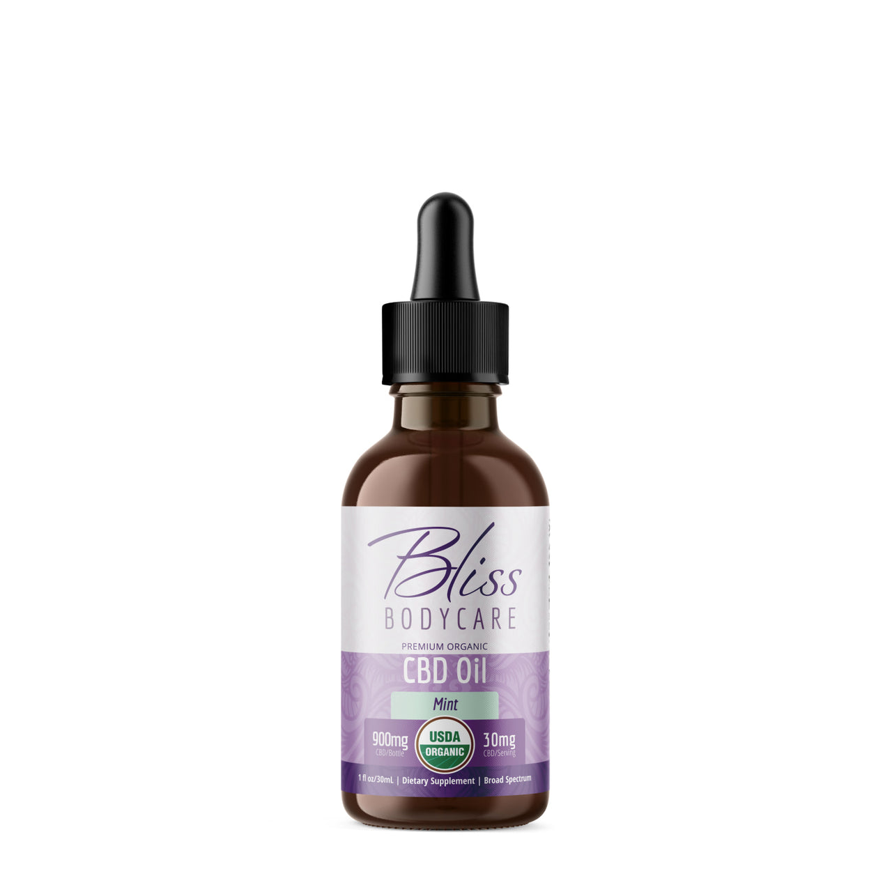 Bottle of Bliss Broad Spectrum CBD Tincture Mint 30mg Serving on white background