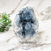 Thumbnail for Celestite 4.9’ Geode #LV4535: Blue Quartz Stone on Marble Table