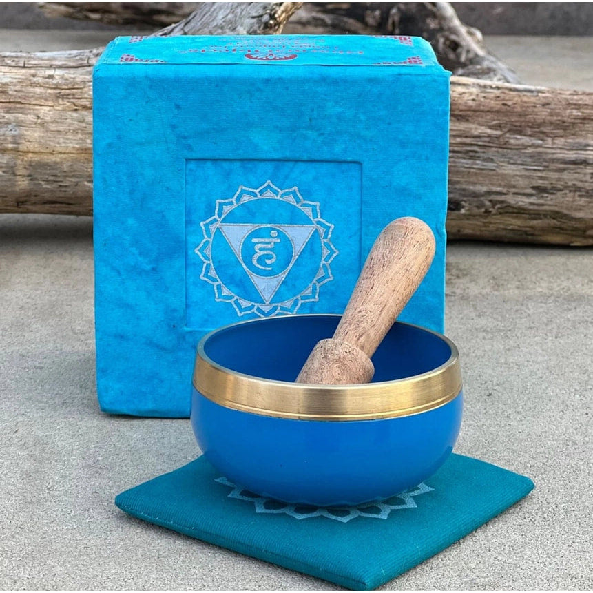 Chakra Singing Bowl Box Set - Throat, featuring a blue bowl and wooden spoon #LV3738