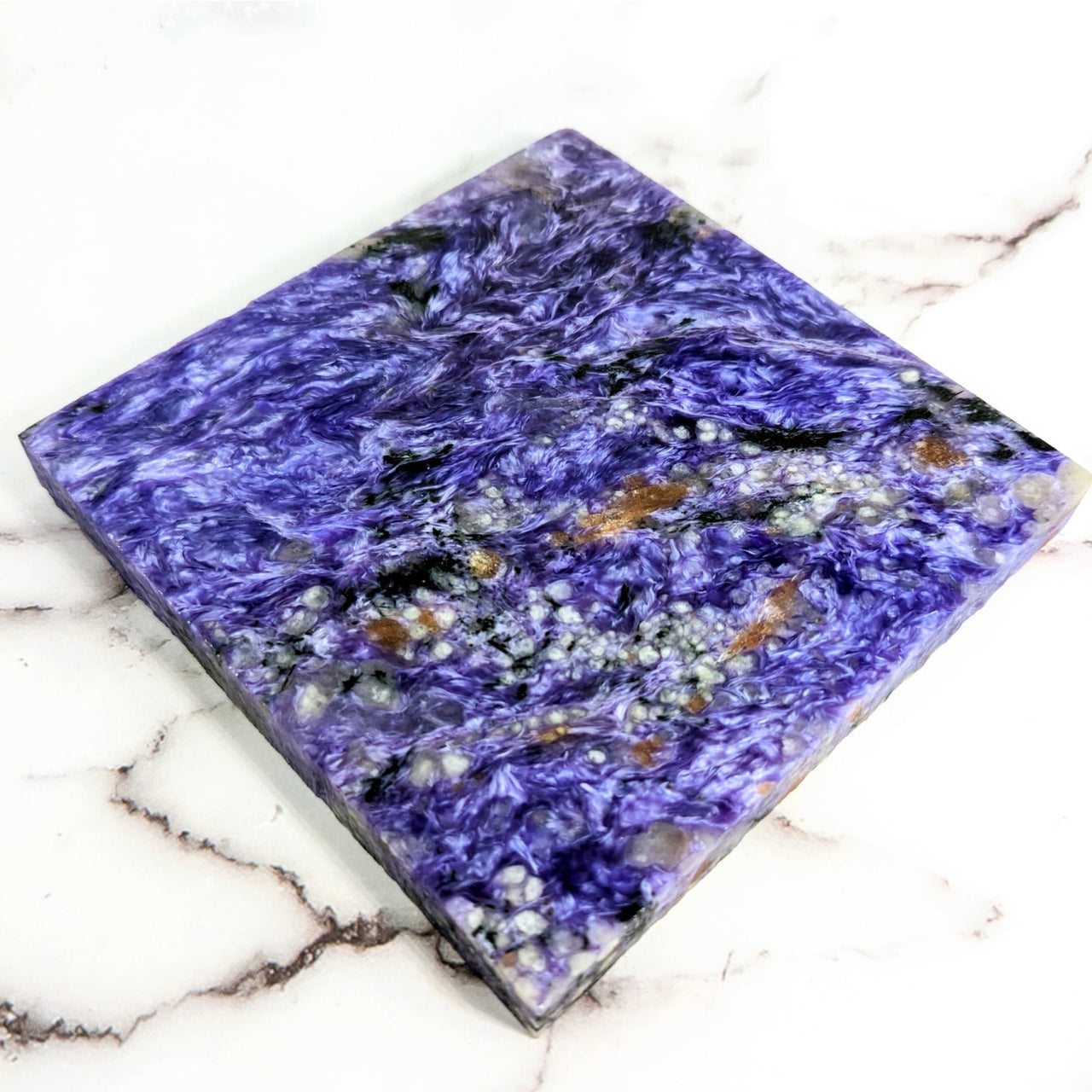 Marble coaster with purple and black pattern, Charoite 4.5’ Square Tile Slab #LV2048