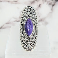 Thumbnail for Person Amethite and Charoite Jumbo Shield Ring in Size 5.5, #LV2620, elegant and unique