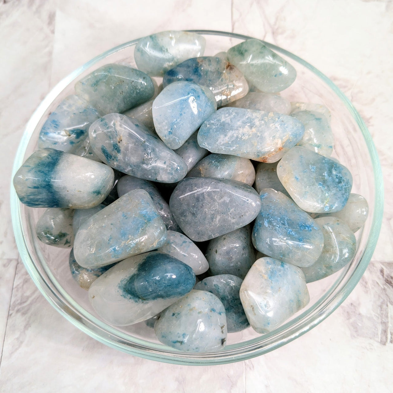 Tumbled stones: Chrysocolla in Quartz Tumble Stone in a bowl - product #LV2257