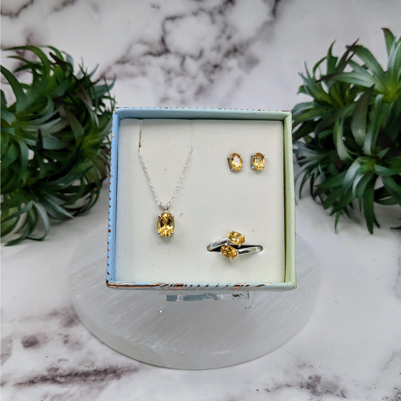 Citrine Faceted Jewelry Gift Set - Yellow and White Necklace and Earrings in Box