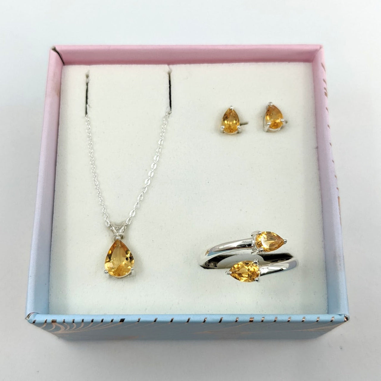 Citrine Faceted Jewelry Gift Set - Pendant, Earrings, Adjustable Ring #SK8968 in a box