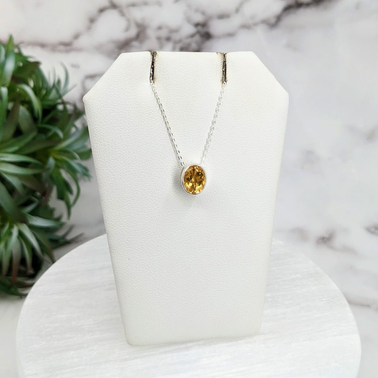 Citrine Faceted Necklace Sterling Silver Slider Pendant on Mannequin with Plant Background