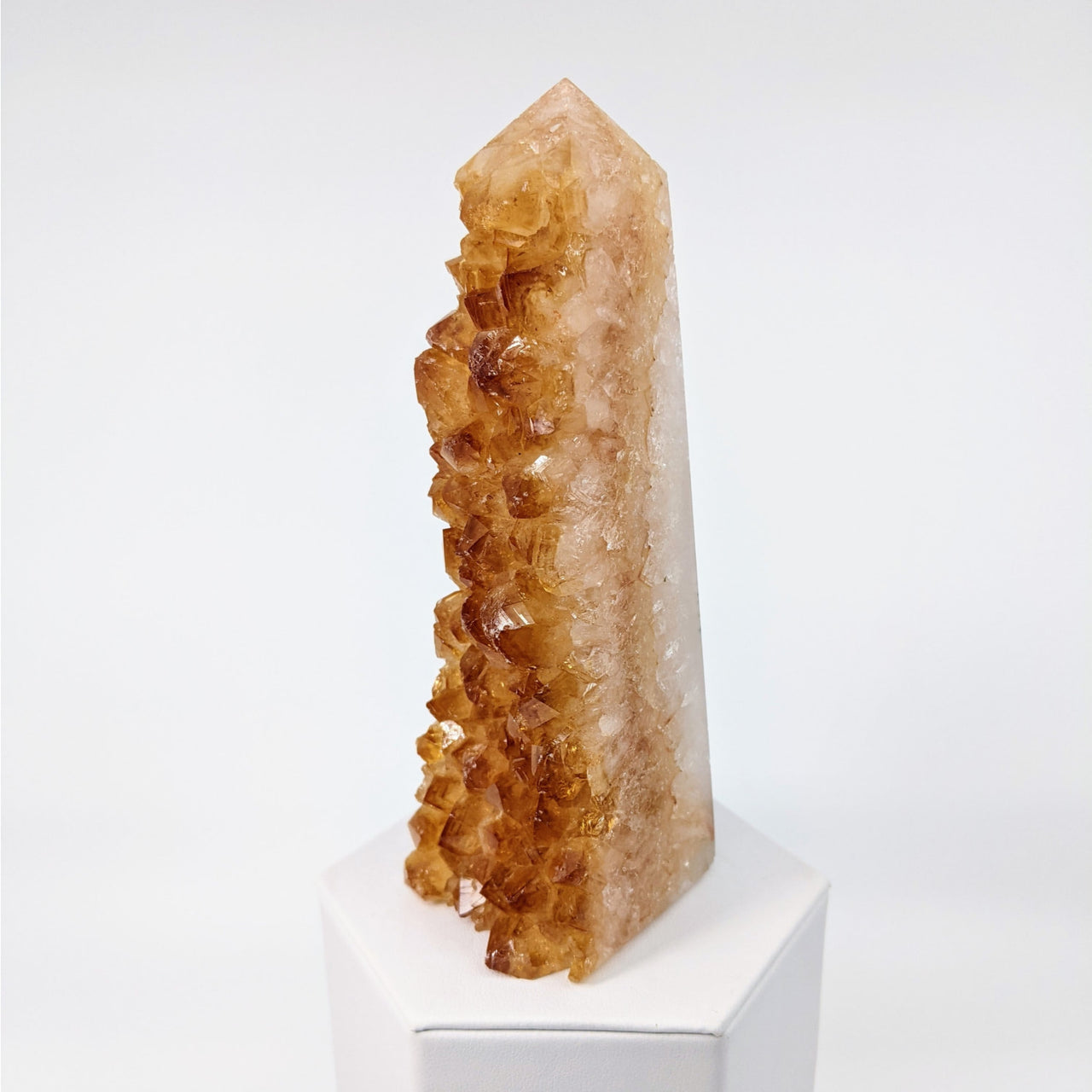 Citrine Fire & Ice Geode Tower #LV4655 on white pedestal