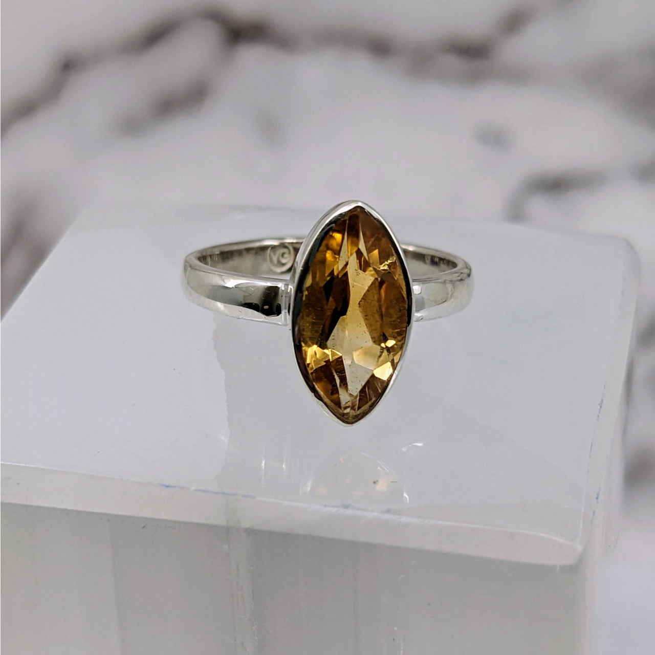 Yellow sapphire stone ring on white marble block - Citrine S.S. Marquis Facet Ring #LV3895