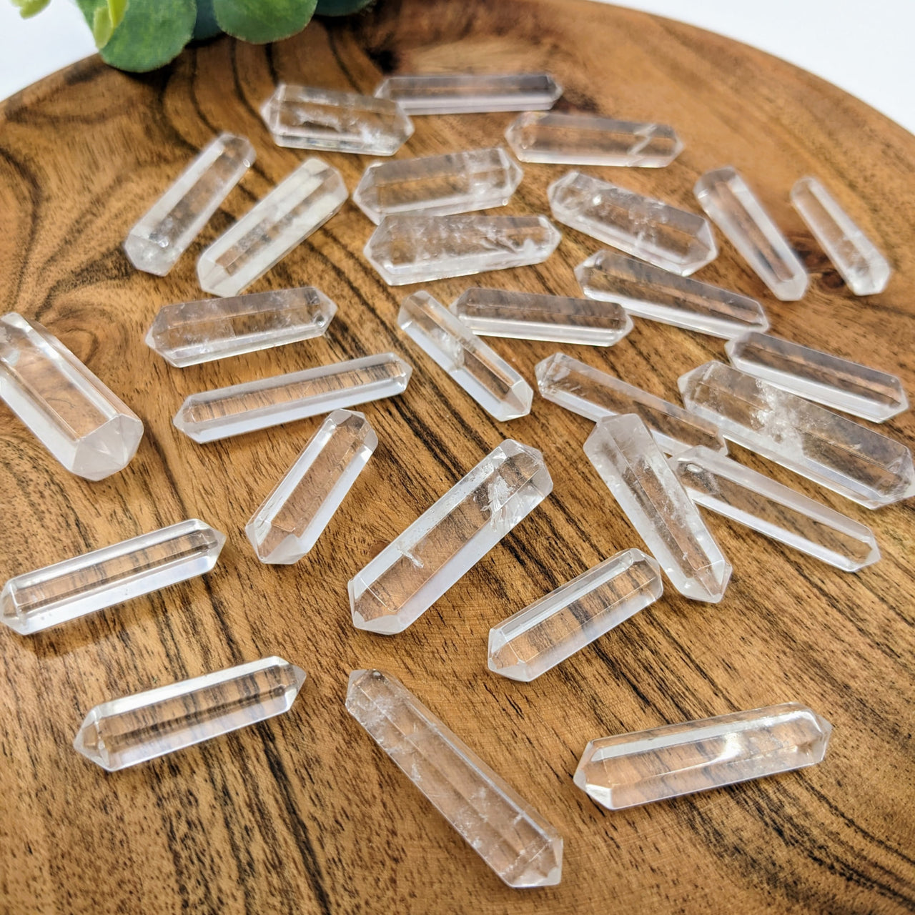 Clear quartz double terminated points displayed for sale, product code #LV2908