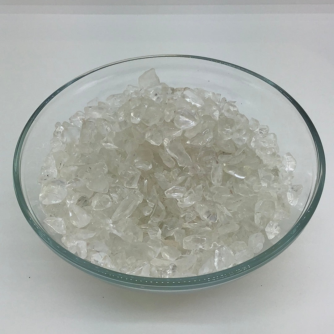 A bowl filled with ice crystals with CLEAR QUARTZ Chips 28 gm Parcel XS #JS071