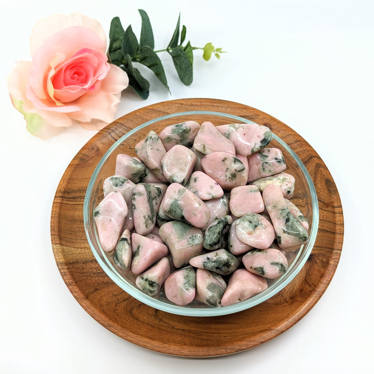 A bowl of pink and green marble Clinozoisite tumbled stones (1-1.5’) #LV3073