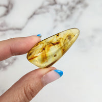 Thumbnail for Person holding Colombian Amber 1.9’ polished piece #LV3158 with a brown substance inside