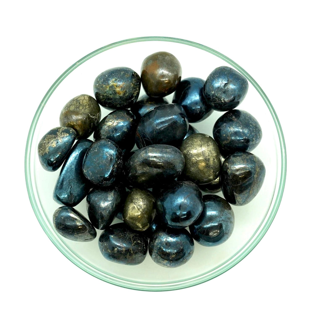 A bowl of Covellite tumbled stones, blue and brown marble beads #LV5325